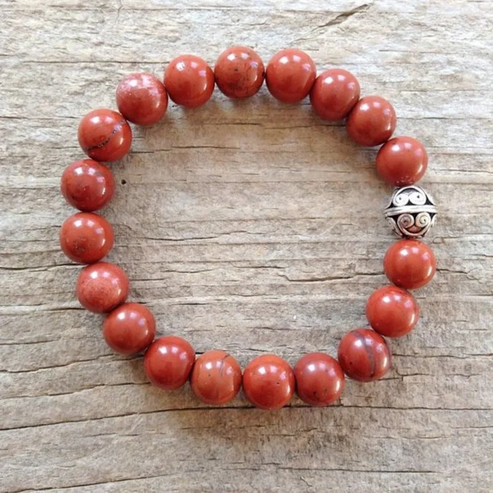 Men's Red Agate Beaded Stretch Bracelet Sterling Silver Accent Bead - 10mm Beads